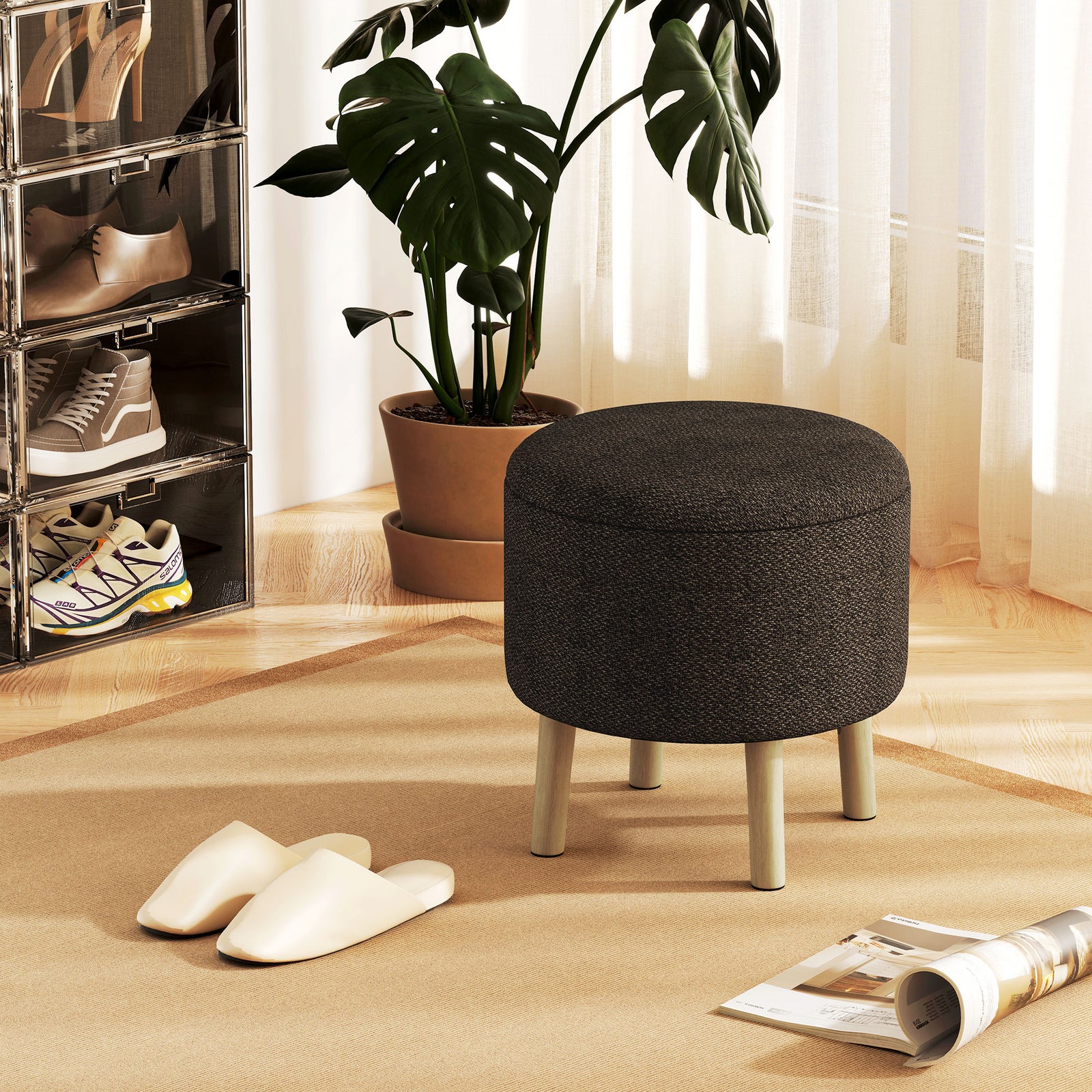 Round Ottoman Stool with Storage, Linen Fabric Upholstered Foot Stool with Padded Seat, Hidden Space and Wood Legs