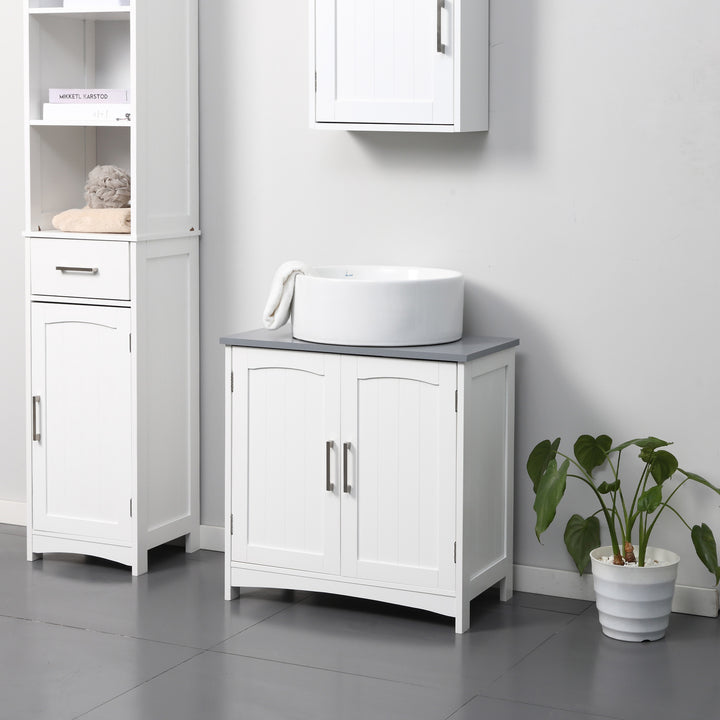 Kleankin Modern Under Sink Cabinet with Double Doors, Adjustable Shelves, Pedestal Bathroom Vanity Storage Unit, White.