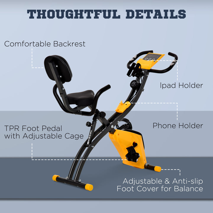 2-in-1 Folding Exercise Bike with 8-Level Magnetic Resistance, Arm Resistance Band, Pulse Sensor, Yellow