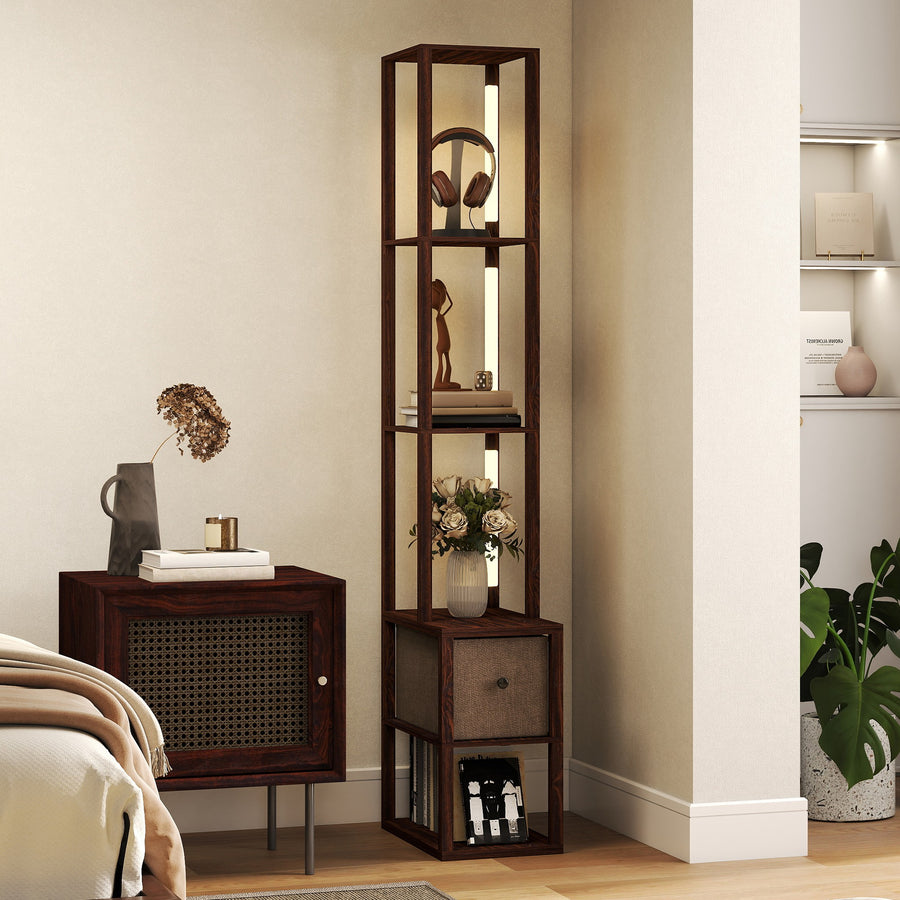 Floor Lamp with Shelves, LED Column Modern Standing Lamp with Fabric Drawer, Adjustable Brightness, Foot Switch for Living Room, Bedroom, Office, Dark Brown