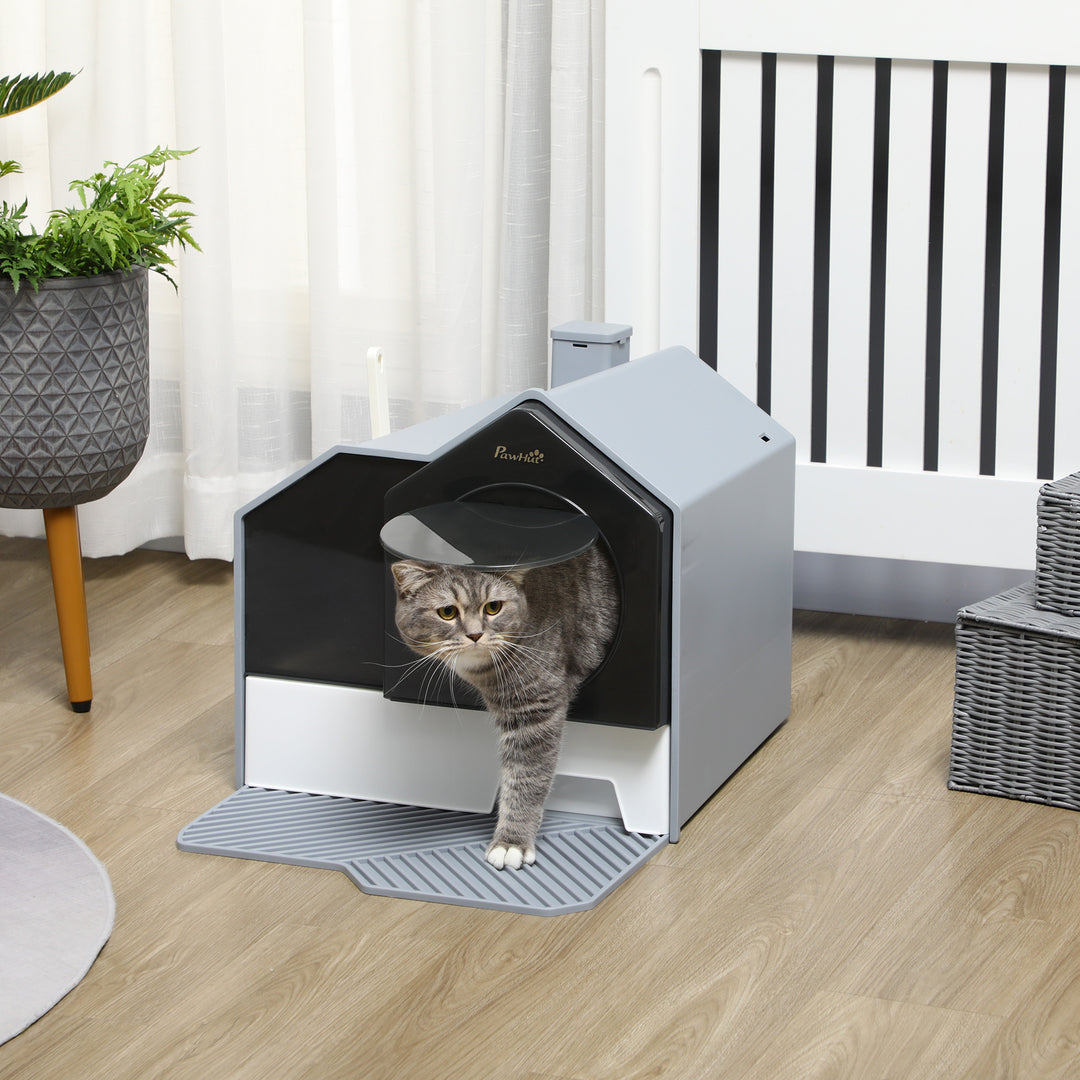 PawHut Hooded Cat Litter Box w/ Scoop, Enclosed Cat Toilet w/ Pull-out Drawer, Odour Control, Easy Clean, Modern House Design, Slate Grey | Aosom UK