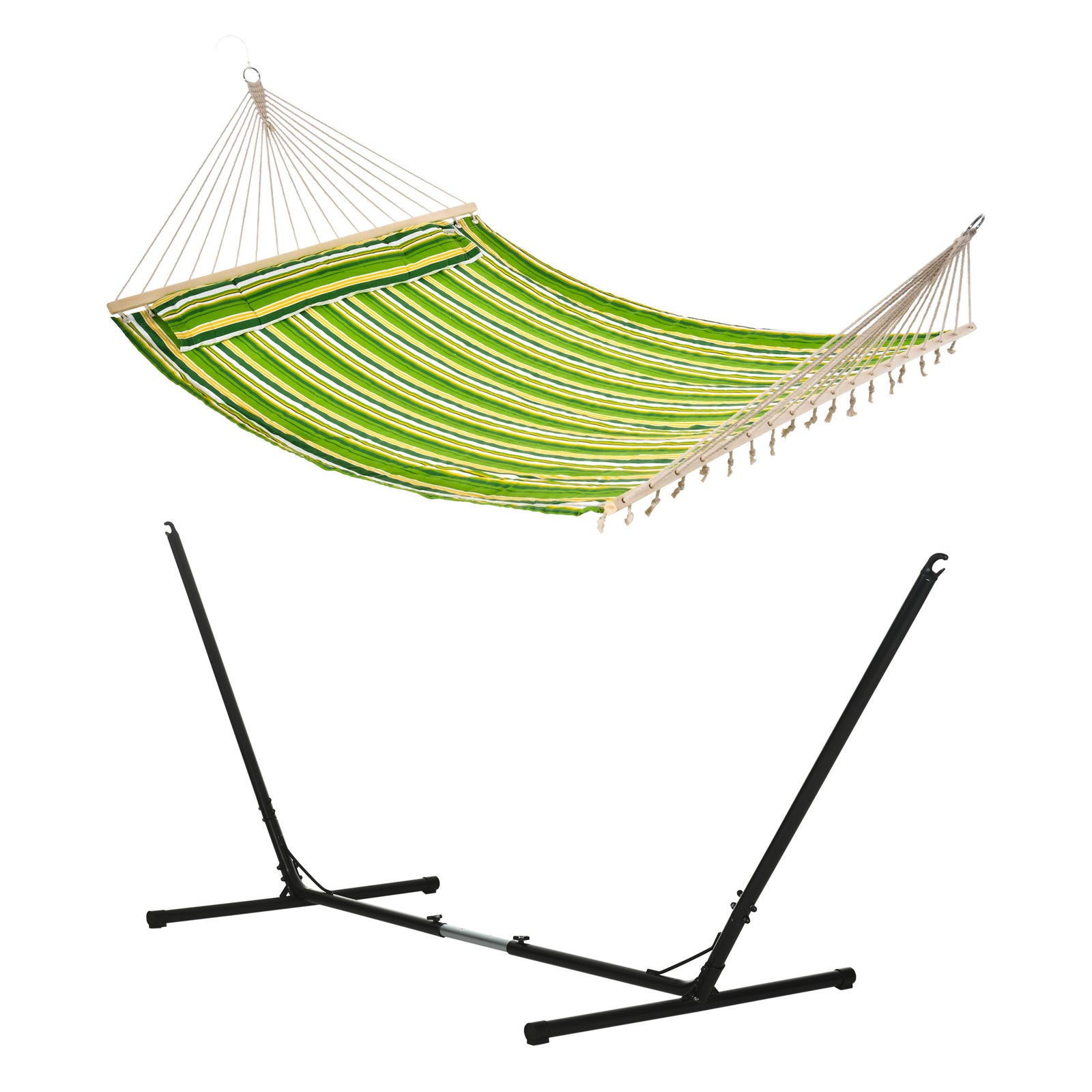 Outdoor Garden Hammock with Stand, Double Cotton Hammock with Adjustable Steel Frame, Swing Hanging Bed with Pillow, for Garden, Patio, Beach, Green Stripes