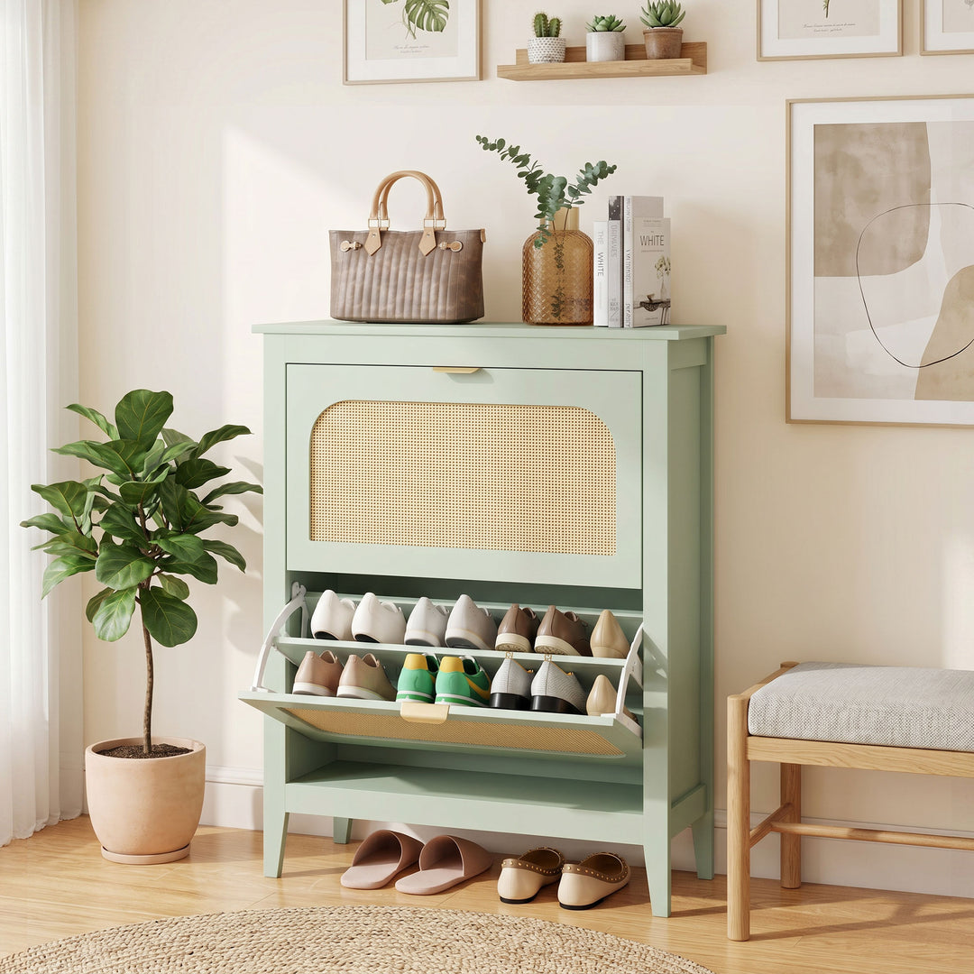 Narrow Shoe Cabinet, Boho Slim Shoe Storage Cabinet with 2 Flip Drawer