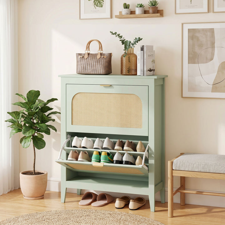 Narrow Shoe Cabinet, Boho Slim Shoe Storage Cabinet with 2 Flip Drawer