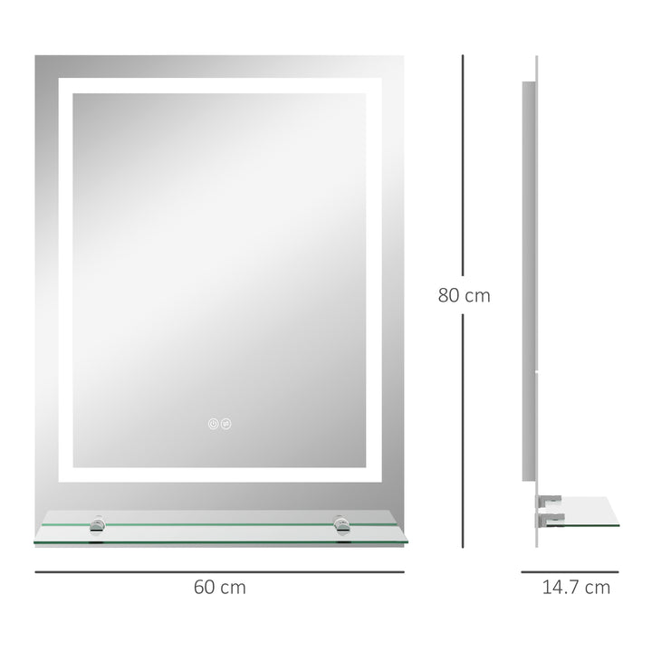 kleankin Illuminated Vanity Mirror: Smart LED Lighting, Anti-Fog, Shelving, 3 Colour Modes, 80x60cm | Aosom UK