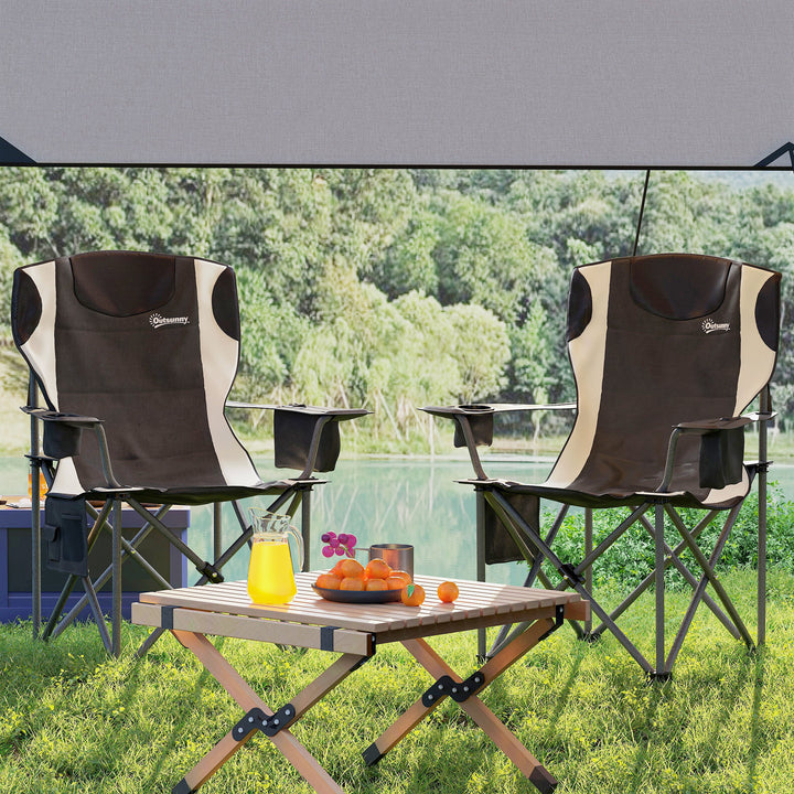 Set of 2 Folding Camping Chairs, Padded Camping Chairs with Adjustable Armrests, Portable & Lightweight Folding Camp Chair with Cooler Bag, Cup Holder and Side Pockets, Black