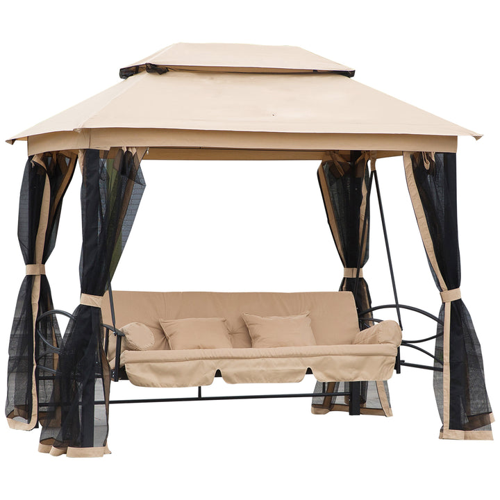 MCL 3 Seater Swing Chair 3-in-1 Convertible Garden Swing Seat Bed Gazebo Patio Bench Outdoor with Double Tier Canopy, Cushioned Seat, Mesh Sidewalls, Beige