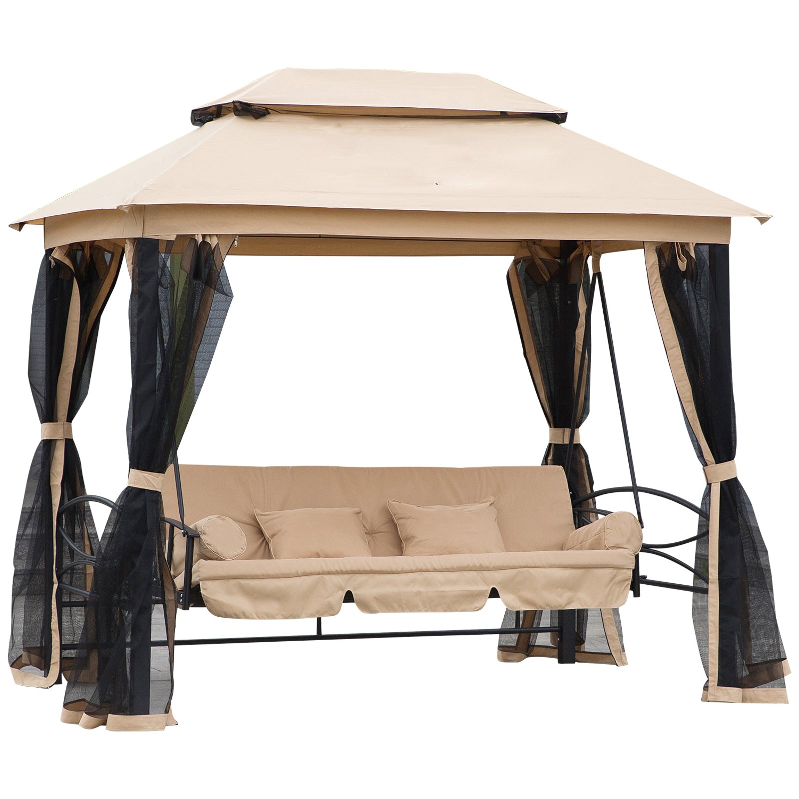 3 Seater Swing Chair 3-in-1 Convertible Garden Swing Seat Bed Gazebo Patio Bench Outdoor with Double Tier Canopy, Cushioned Seat, Mesh Sidewalls, Beige