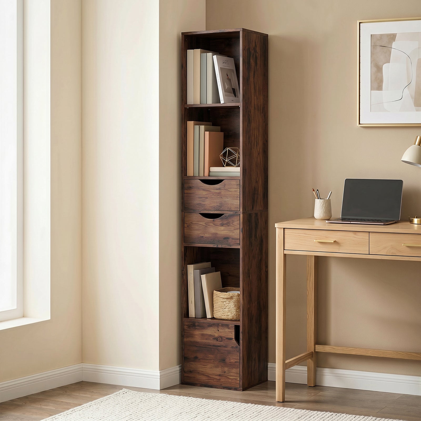 Bookcase with Drawers Adjustable Shelf Bookshelf with 2 Drawers and Ca