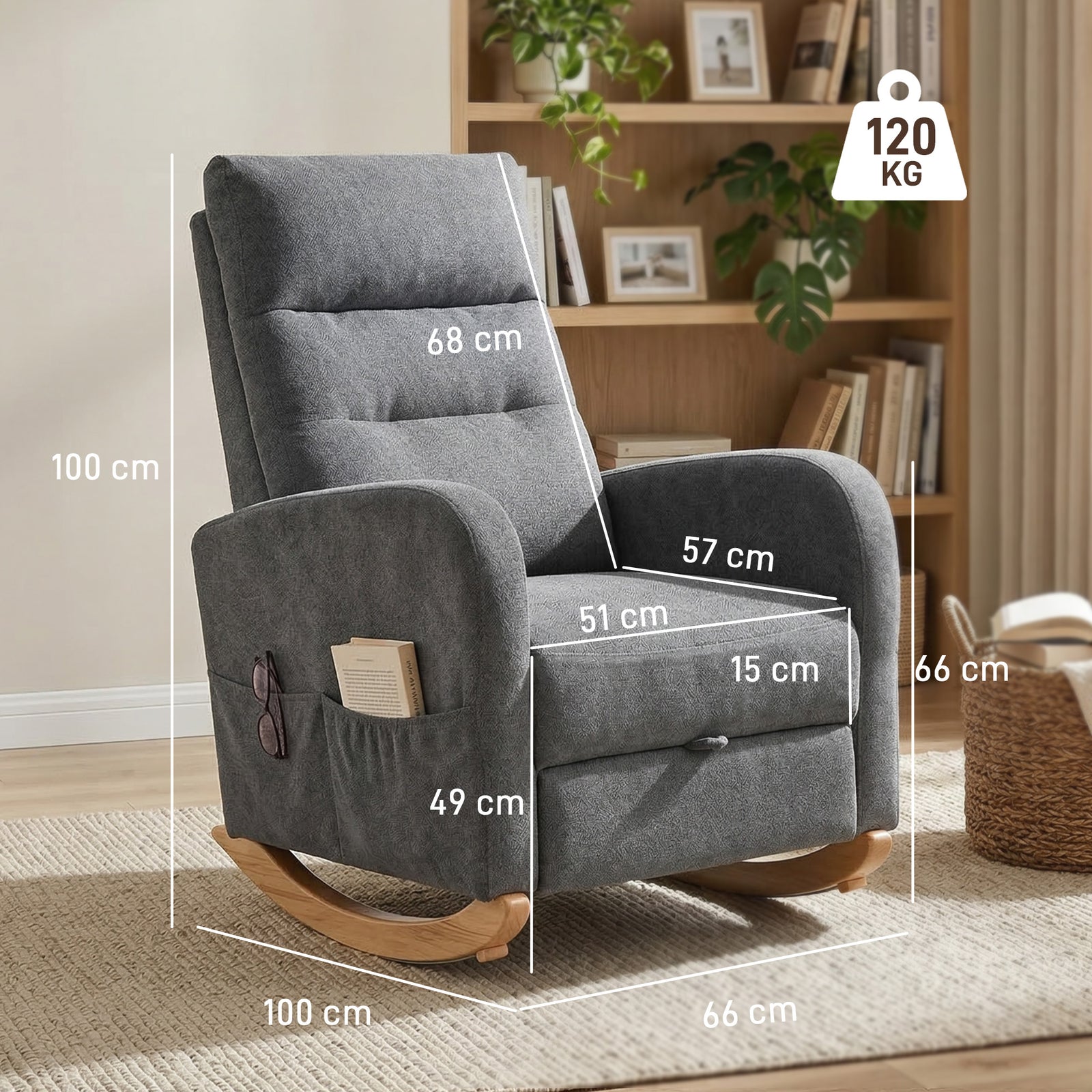 Upholstered Rocking Chair Retractable Footrest Rocker Chair High Back 