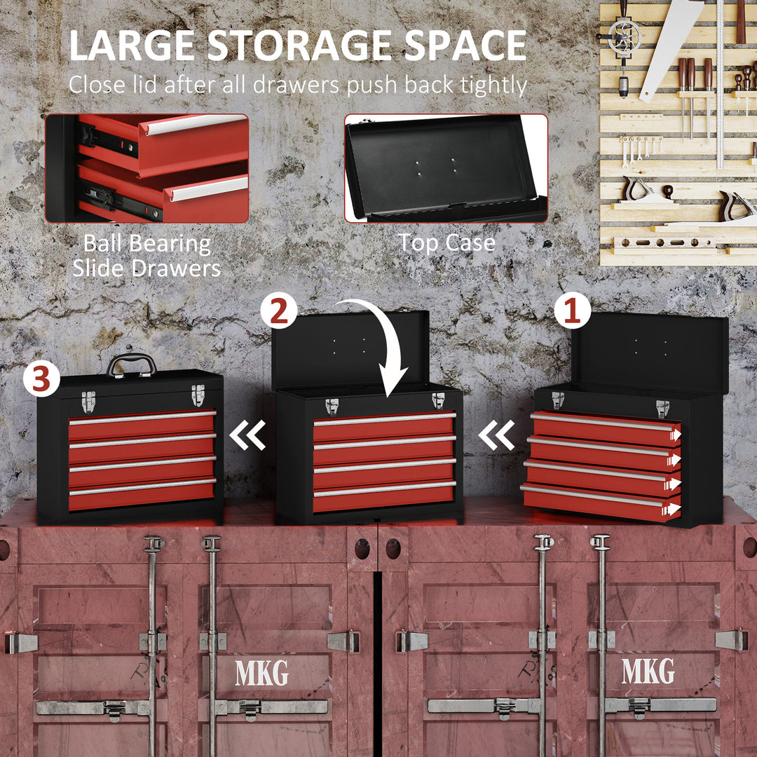 4 Drawer Tool Chest, Lockable Metal Tool Box with Ball Bearing Runners, Portable Toolbox, 510mm x 220mm x 395mm, Black