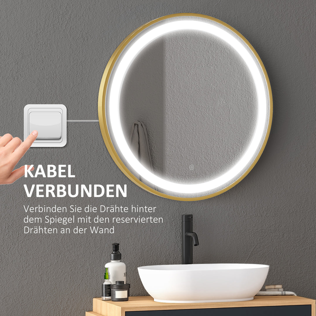 Kleankin Round LED Bathroom Mirror, Dimmable Lighted Wall Mount, 3 Colours, Time Display, Memory Function, 60cm, Silver | Aosom UK