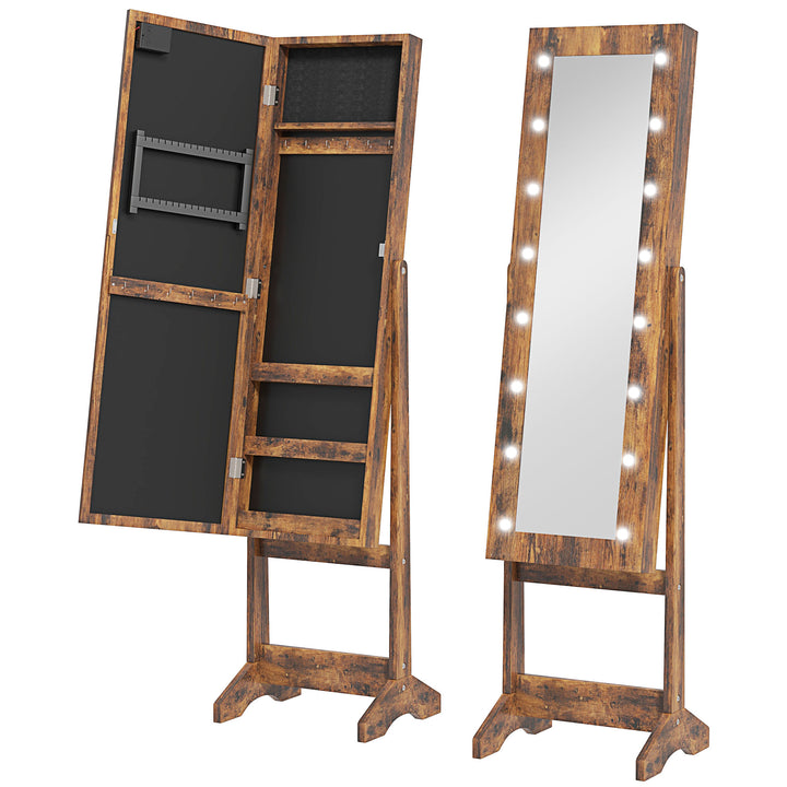 Freestanding Mirror Jewelry Cabinet with LED Lights, Jewellery Organiser with 3 Angle Adjustable, Full-Length Mirror with Storage for Earrings, Necklaces, Rings and Lipsticks, Rustic Brown