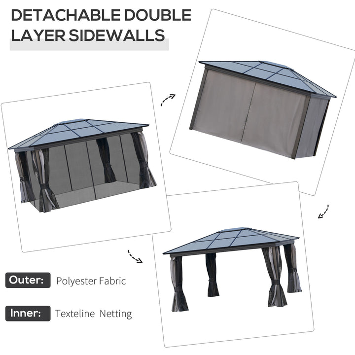 3.6 x 4m Hardtop Gazebo Canopy with Polycarbonate Roof, Aluminium Frame, Permanent Pavilion Garden Gazebo with Netting and Curtains for Patio, Deck, Dark Grey