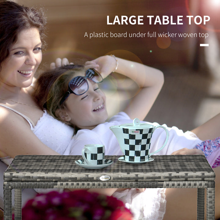 Outdoor Coffee Table, Garden PE Rattan Side Table with Plastic Board Under the Full Woven Table Top and Rectangular Frame for Patio, Balcony, Mixed Grey
