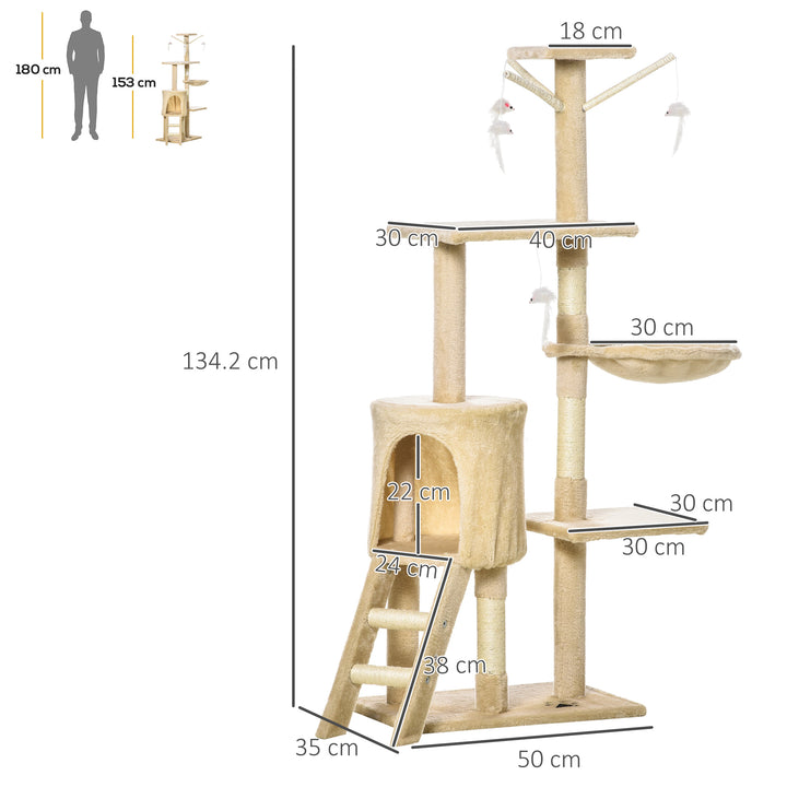 PawHut Feline Fort: Towering 131cm Cat Tree with Scratching Posts & Cosy Perches, Sturdy Beige Haven for Kitties | Aosom UK