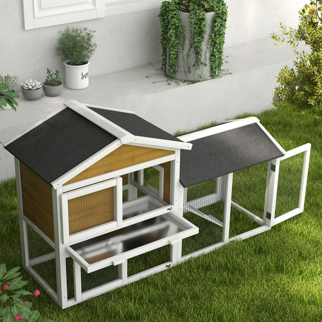Wooden Rabbit Hutch Outdoor, Double Tier with Water-Resistant Roof, Ramp 147 x 54 x 84 cm, Yellow