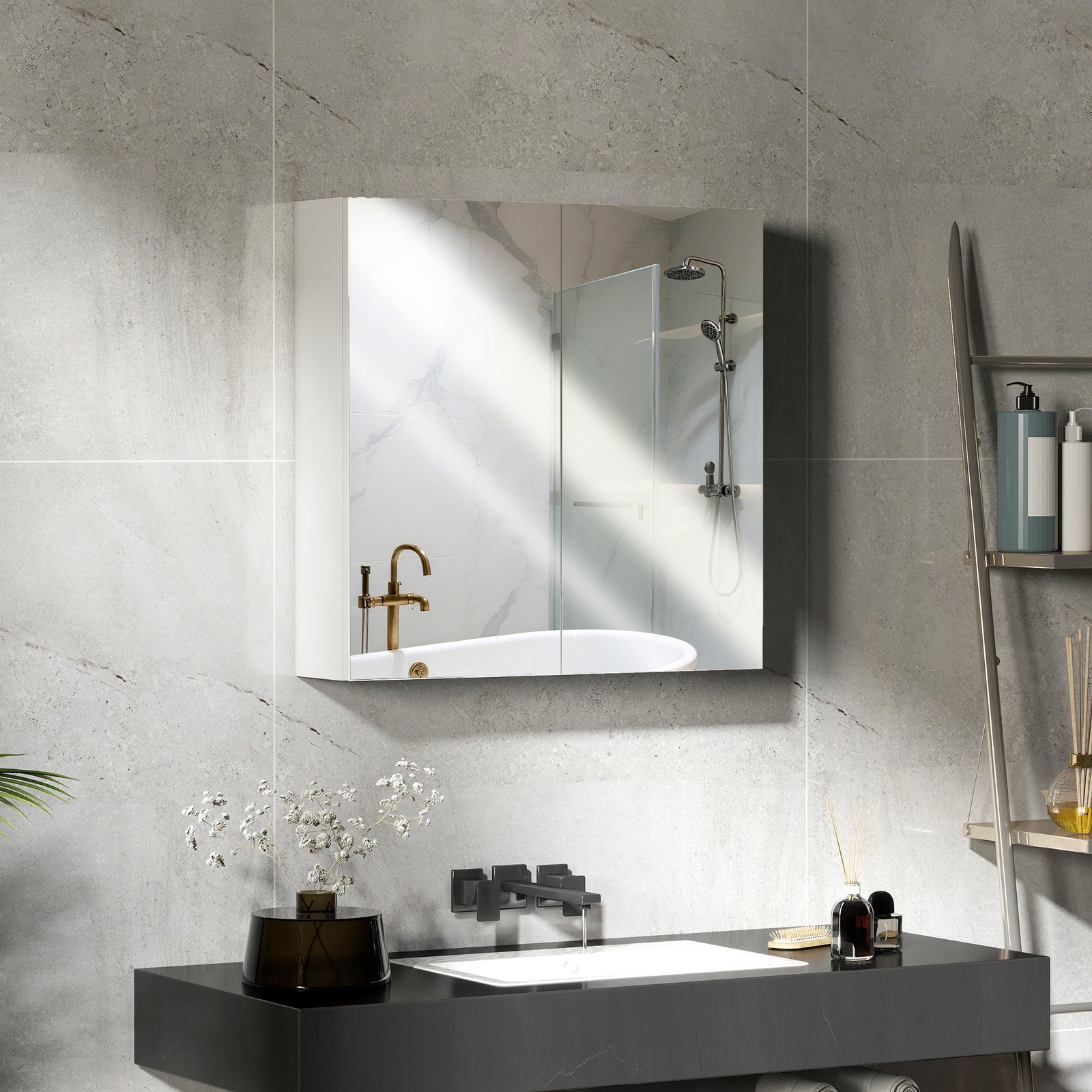 60 x 15 cm Double Door Bathroom Mirror Cabinet - White