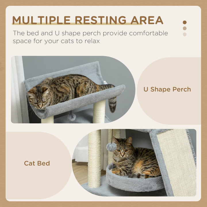 Cat Tree Tower, with Scratching Posts, Pad, Bed, Perch, Toy Ball - Light Grey