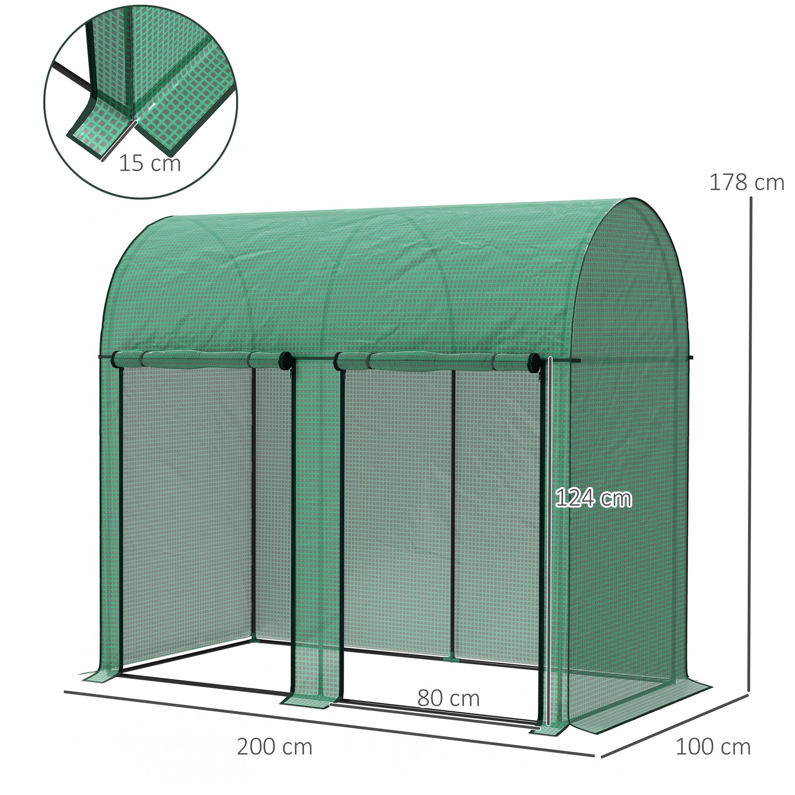 200 x 100cm Walk-In Greenhouse, with Zipped Doors - Green