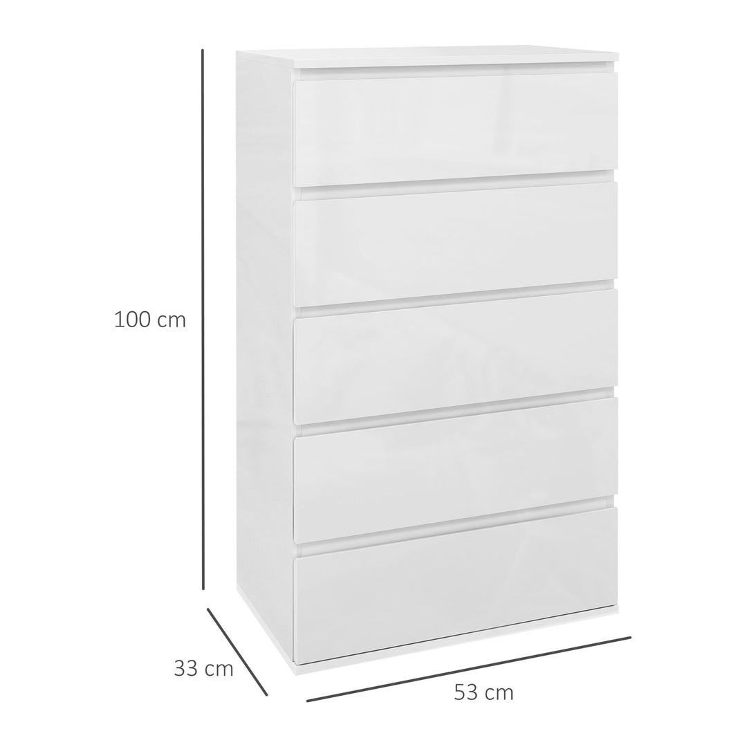 5-Drawer Modern Dresser, High Gloss Storage Drawer Unit for Bedroom, White