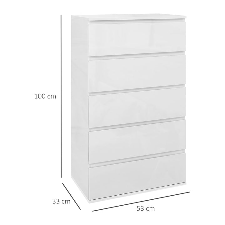5-Drawer Modern Dresser, High Gloss Storage Drawer Unit for Bedroom, White