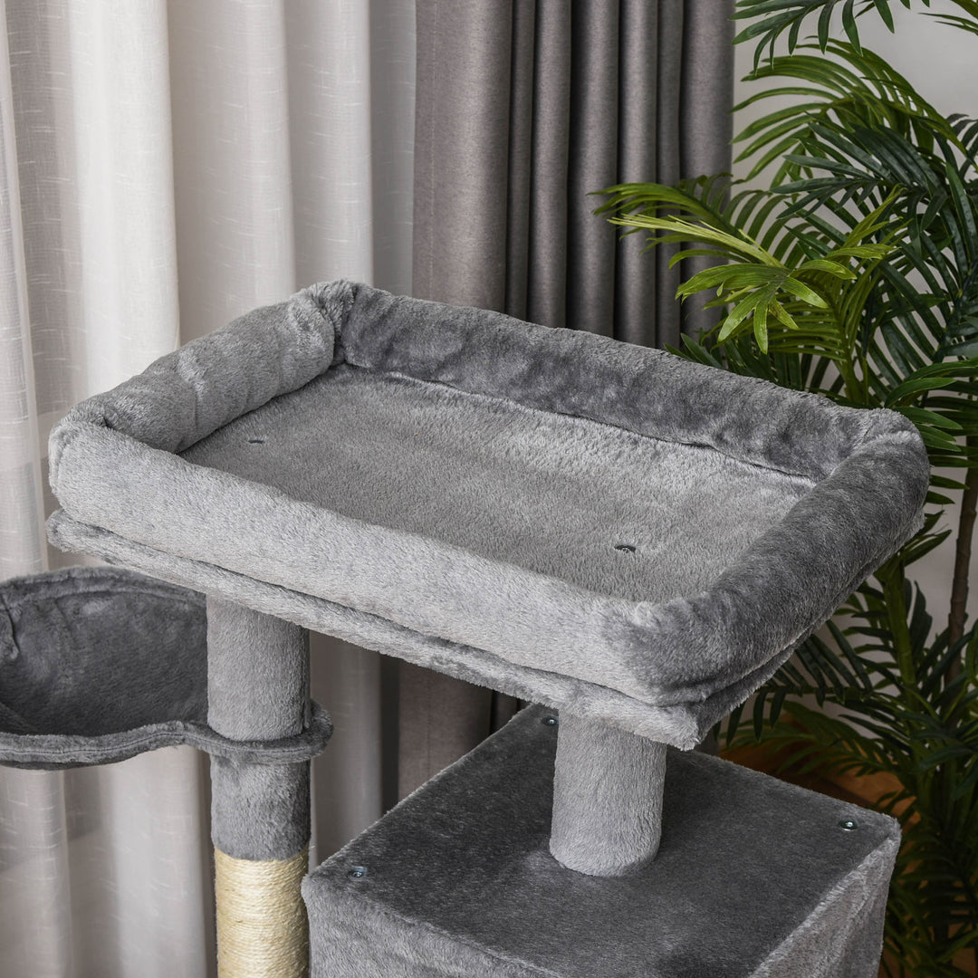 MCL Cat Tree Tower for Indoor Cats, 111cm Kitten Activity Centre with Scratching Post Pad Hammock Condo Bed Ball Toy, Grey