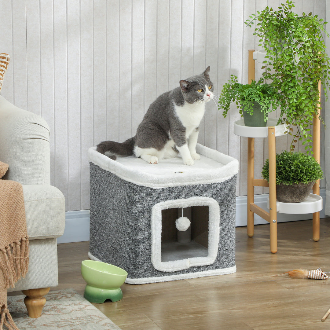 MCL Cat House for Indoor Kittens, 2-Level Cat Cave Bed with Fluffy Balls, Top Bed, Kitten Barrel for Multi Kitties, Grey
