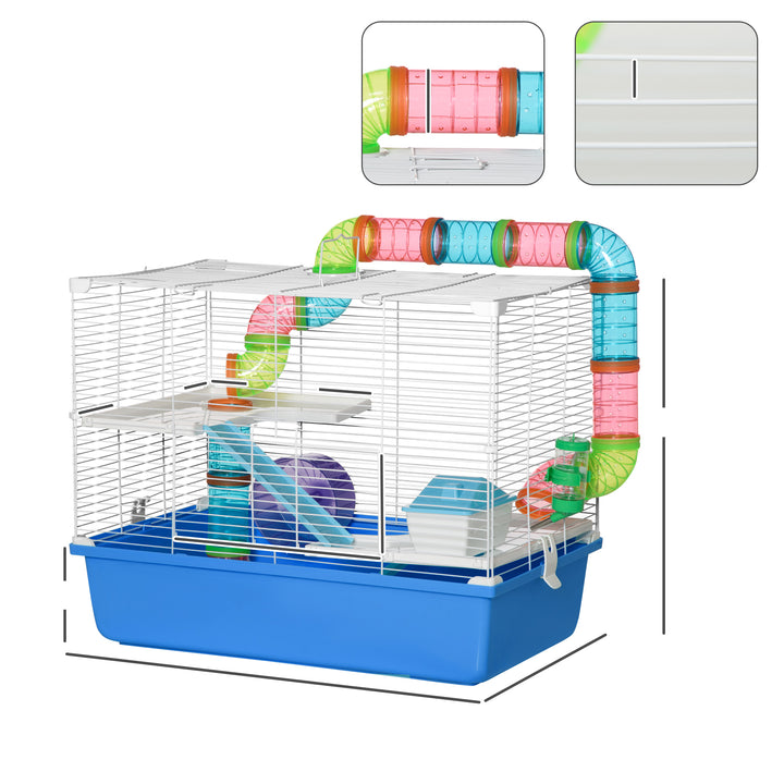 PawHut Large Hamster Cage, 3-Level Small Rodents House, w/ Tube Tunnel, Exercise Wheel, Food Dish, Ramps, Hut, 59 x 36 x 47 cm, Blue | Aosom UK