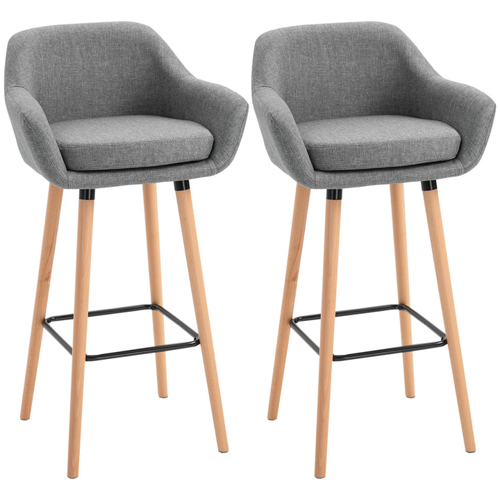 HOMCOM 2pcs Bar Chair, Wooden Counter Bar Stool with Linen Upholstery, Wood Legs, for Living Room Dining Room, Grey | Aosom UK