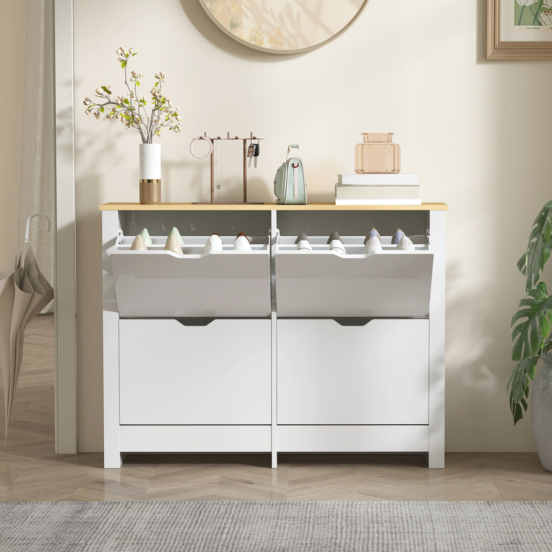 Slim Shoe Cabinet, Narrow Shoe Cupboard with 4 Flip Drawers, Adjustabl