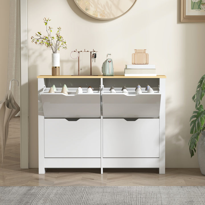 Slim Shoe Cabinet, Narrow Shoe Cupboard with 4 Flip Drawers, Adjustabl