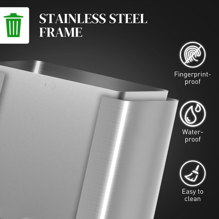 3 x 15L Pedal Bin, Steel Triple Kitchen Bin with Soft Close Lid, Removable Inner Buckets, Fingerprint-Proof, Silver Tone