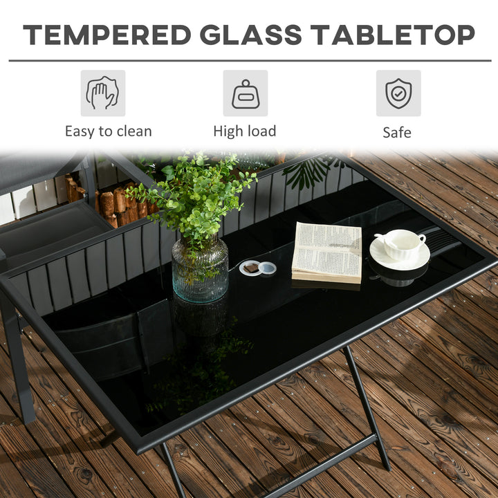 Folding Outdoor Dining Table for 6, Rectangle Garden Table Tempered Glass Top with Parasol Hole Garden Lawn Backyard, 110 x 70 x 70 cm