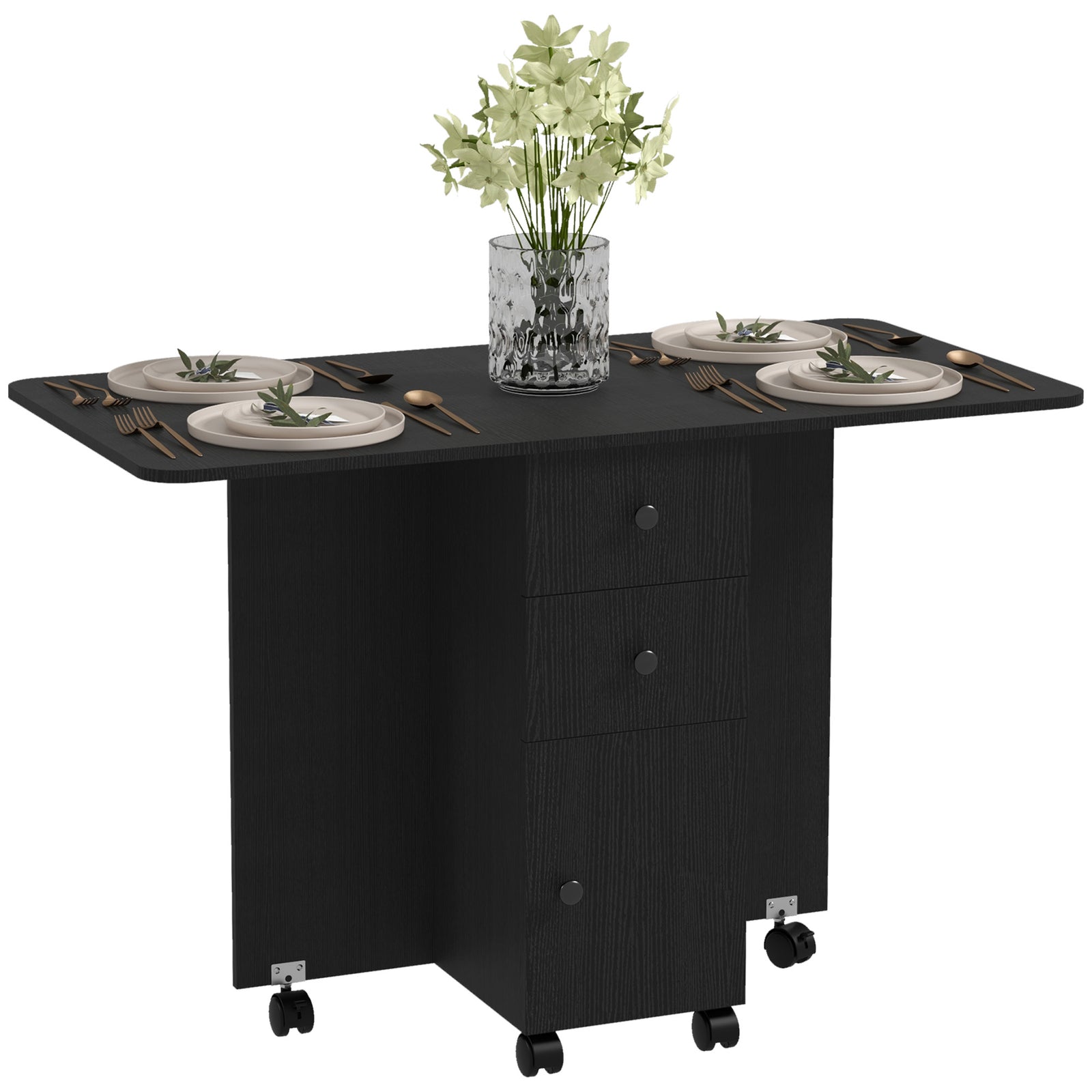Multi-Storage Six-Person Drop Leaf Dining Table - Distressed Black