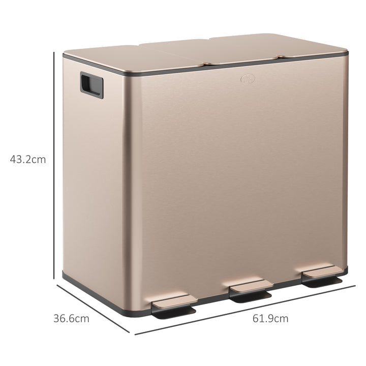 HOMCOM 3 x 15L Pedal Bin, Steel Triple Kitchen Bin with Soft Close Lid, Removable Inner Buckets, Fingerprint-Proof, Gold Tone