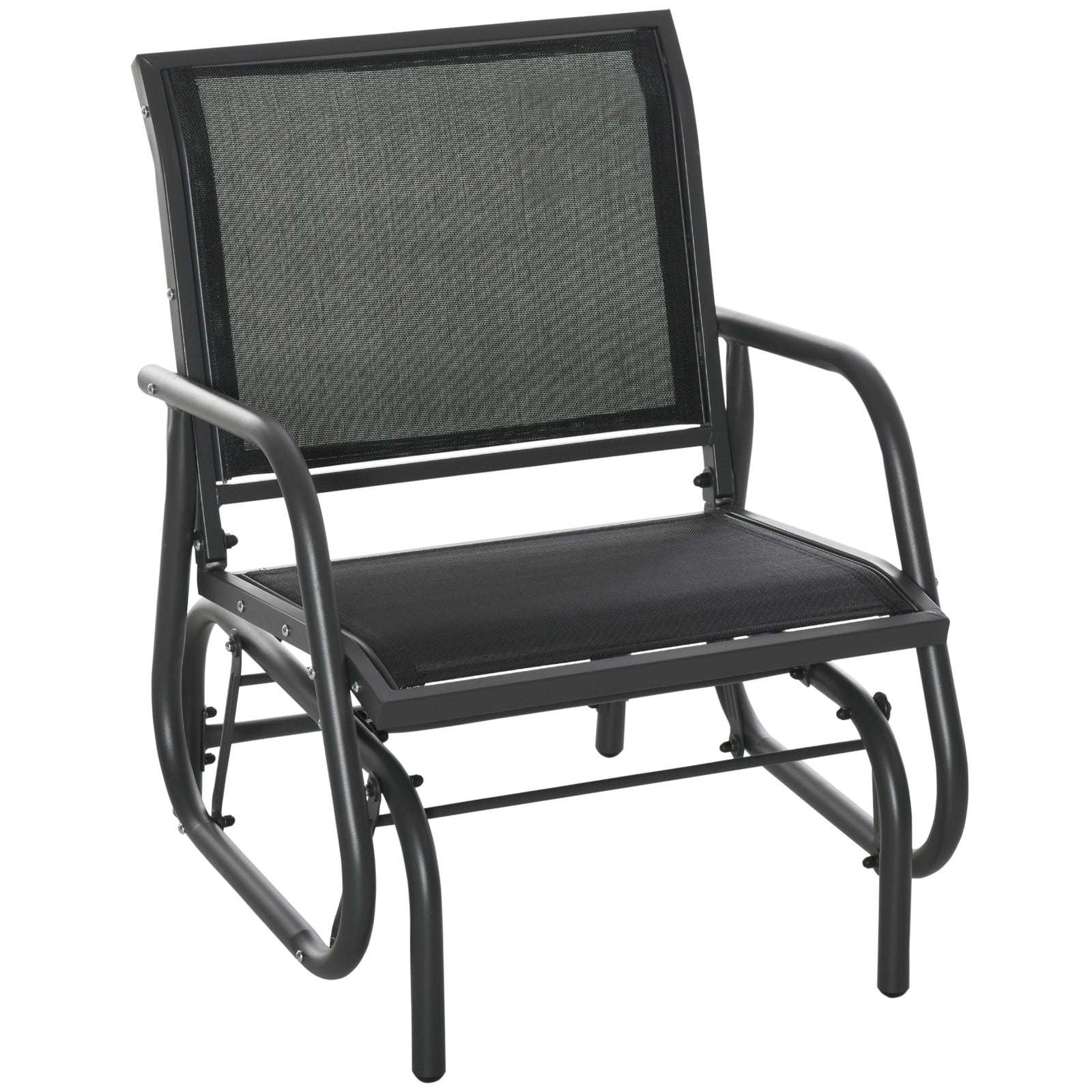 Outdoor Garden Glider Chair, Metal Frame Single Armchair Swing Seater w/ Breath Mesh Fabric Seat, Curved Backrest, Armrests, for Living Room, Patio, Porch, Dark Grey