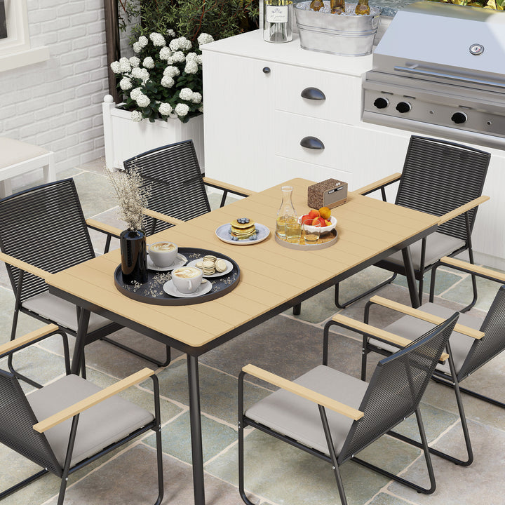 6 Seater Garden Dining Set with Soft Cushions, Rattan Backrest, Rectangular Plastic Top, Garden Furniture Set, Outdoor Dining Table and Chairs for Patio, Balcony, Poolside, Nature Wood Finish