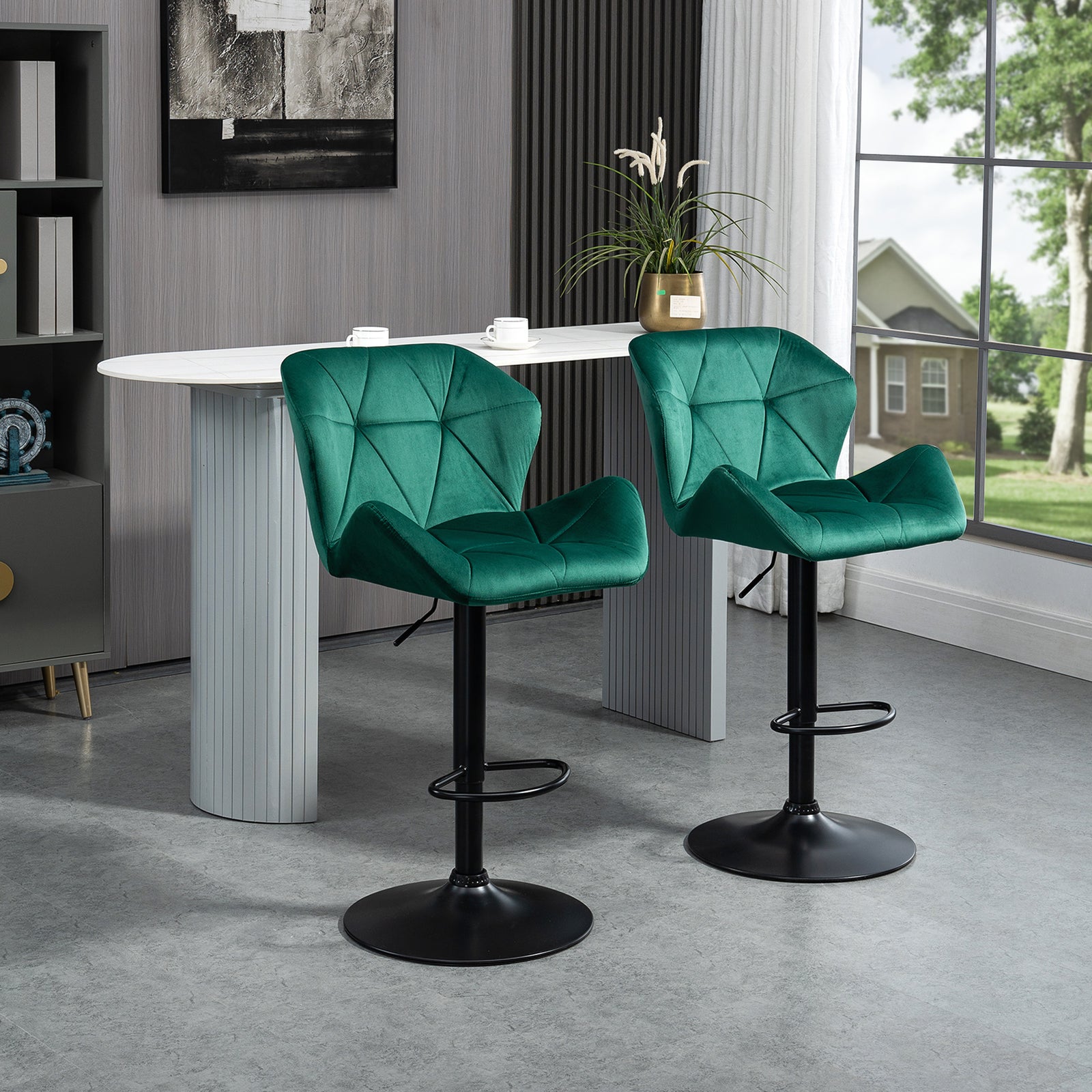 Bar Stools Set Of 2, Velvet-Touch Barstools with Metal Frame Footrest and Adjustable Height, Green