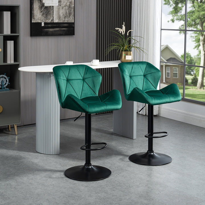 Bar Stools Set Of 2, Velvet-Touch Barstools with Metal Frame Footrest and Adjustable Height, Green