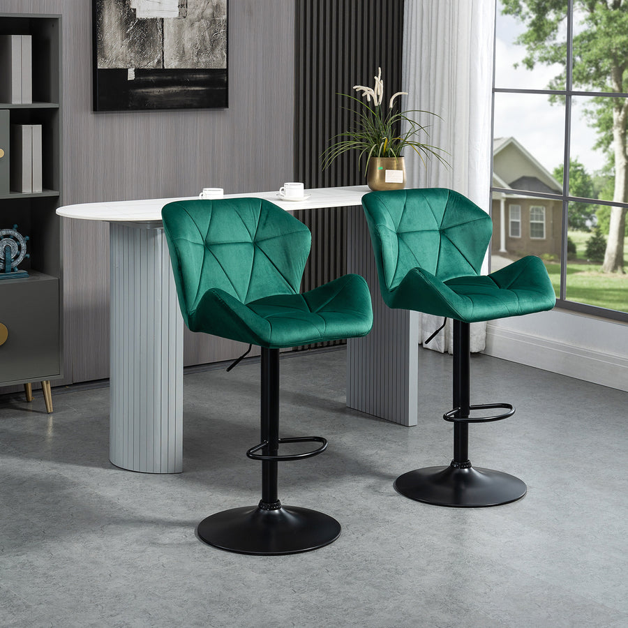 Bar Stools Set Of 2, Velvet-Touch Barstools with Metal Frame Footrest and Adjustable Height, Green