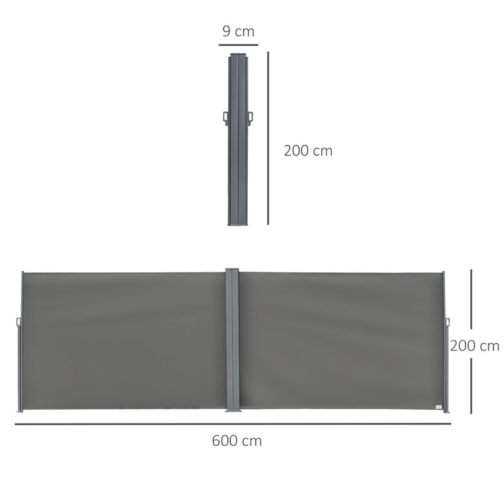 6 x 2m Retractable Sun Side Awning Screen Fence Patio Garden Wall Balcony Screening Panel Outdoor Blind Privacy Divider – Grey