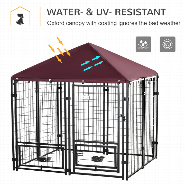 Outdoor Dog Kennel with Rotating Bowl Holders, Water and UV-Resistant Cover, for Medium, Small Dogs, Red