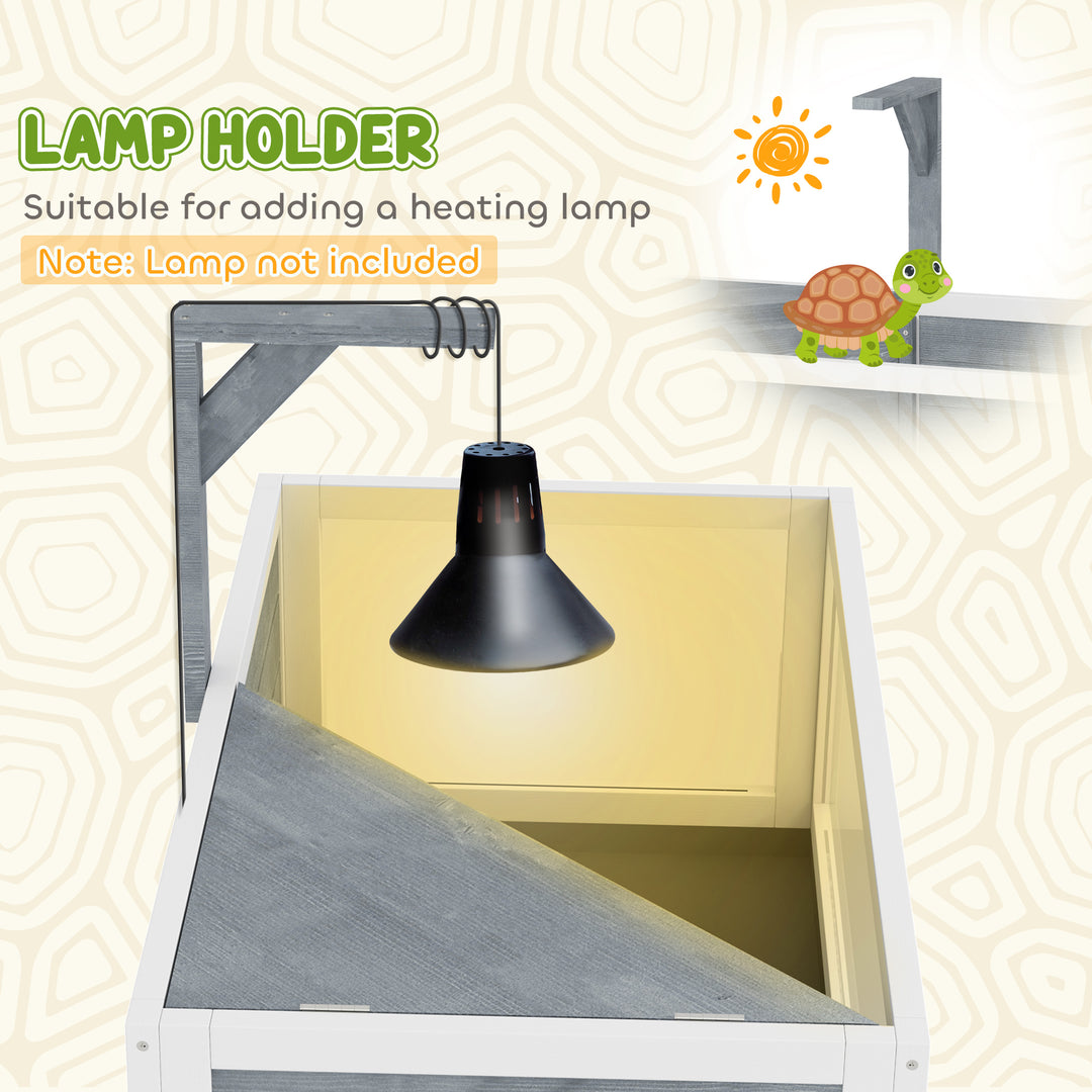 Wooden Tortoise House with Storage Shelf, Clear Observation Windows, Lamp Holder, Openable Top, Built-in Tray, Grey