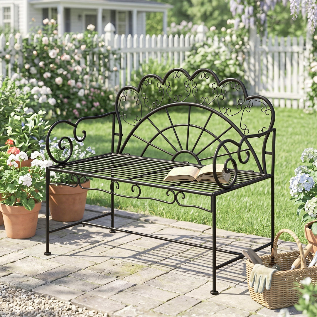 Metal Garden Bench Loveseat with Slatted Seat, Black