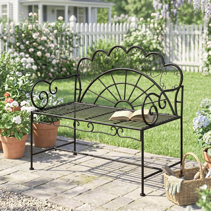 Metal Garden Bench Loveseat with Slatted Seat, Black