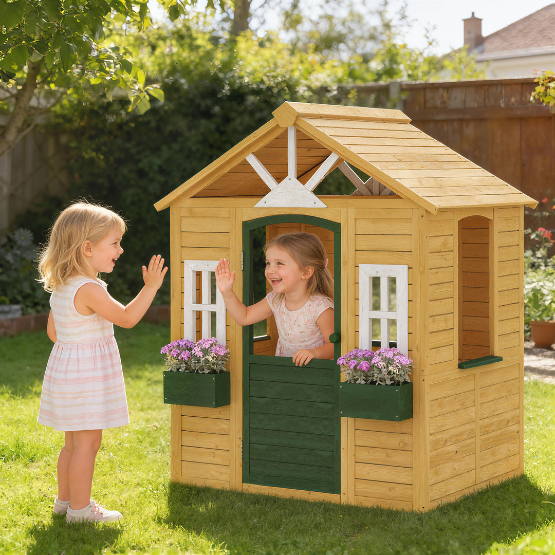 Outdoor Kids Playhouse, Wooden Wendy House with Door, 3 Windows, 2 Flo