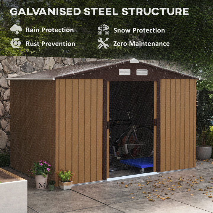 9 x 6ft Metal Garden Shed, Outdoor Storage Tool House with Ventilation Slots, Foundation Kit and Lockable Double Doors, Light Brown