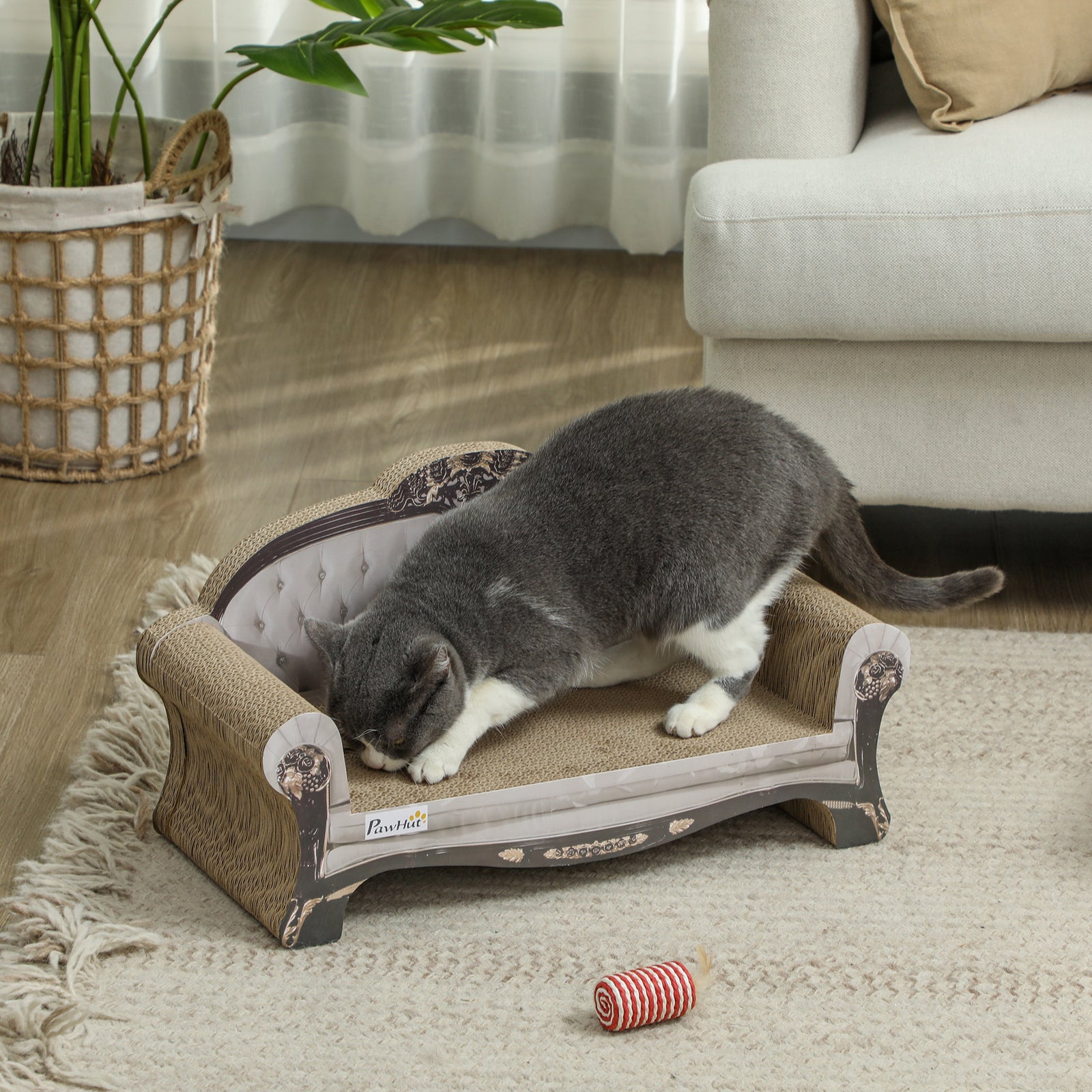 2-in-1 Cat Scratcher with Organic Catnip for Indoor Cats, 29.5 x 56 x 26cm, Brown