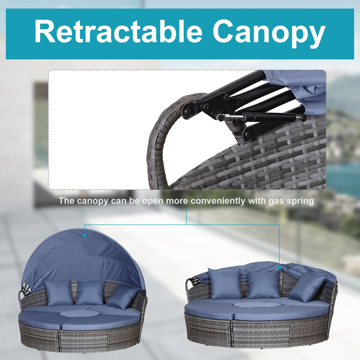 MCL Outdoor PE Rattan Garden Furniture with Cushioned, Patio Wicker Conversation Furniture Set, Round Daybed with Retractable Canopy, Coffee Table and Three Pillows, Grey/Blue Grey